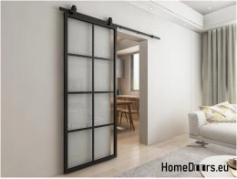 Drzwi przesuwne 90 Loft 8S szklane stalowe czarne z szybami od ręki
