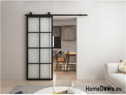 Drzwi przesuwne 90 Loft 8S szklane stalowe czarne z szybami od ręki Drzwi przesuwne 90 Loft 8S szklane stalowe czarne z szybami od ręki